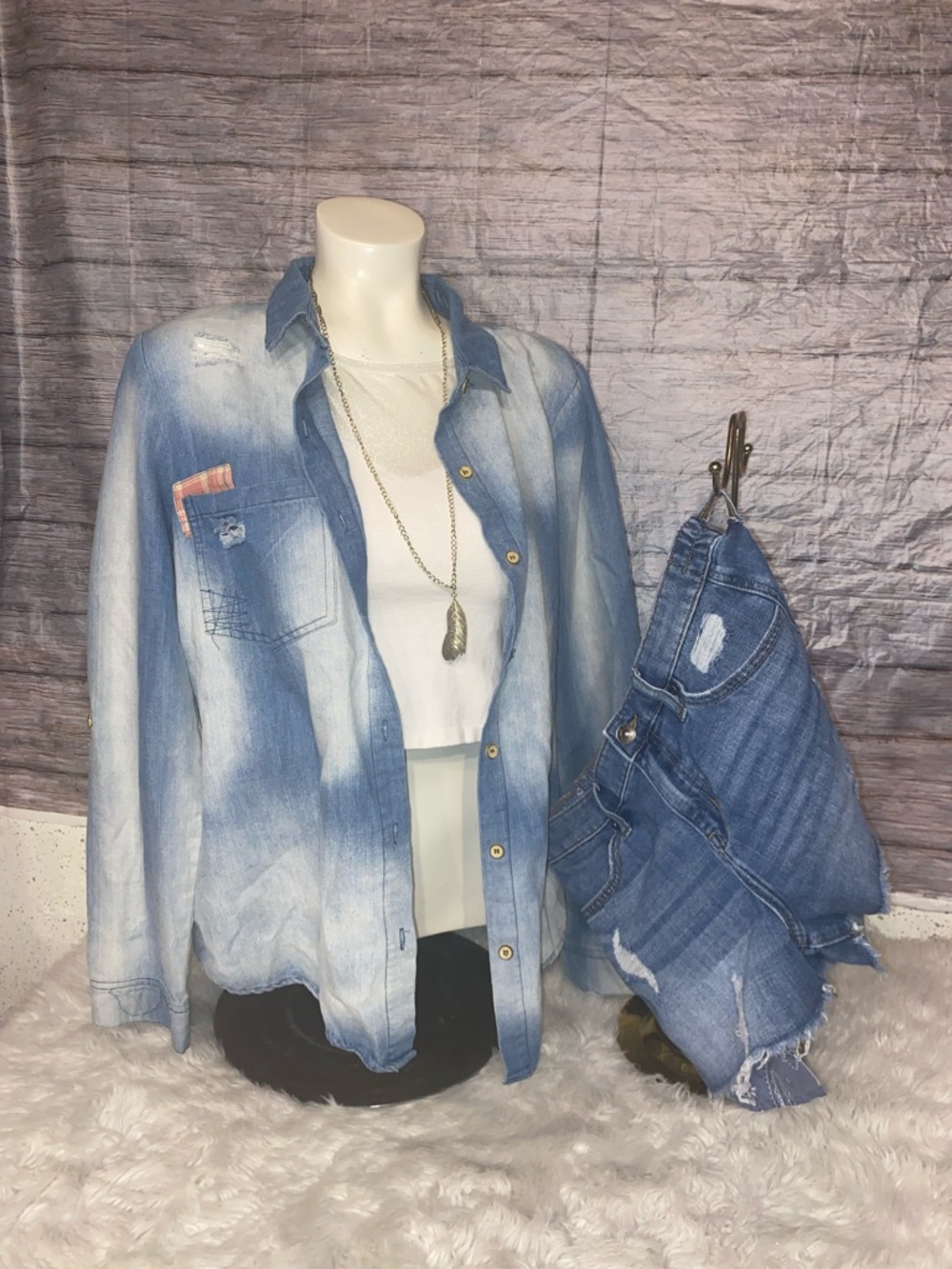 Hem & Thread Light Wash Bleached Distressed Button Down Denim Top
